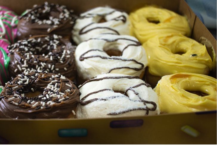 Bite-sized mini donuts in a vibrant display