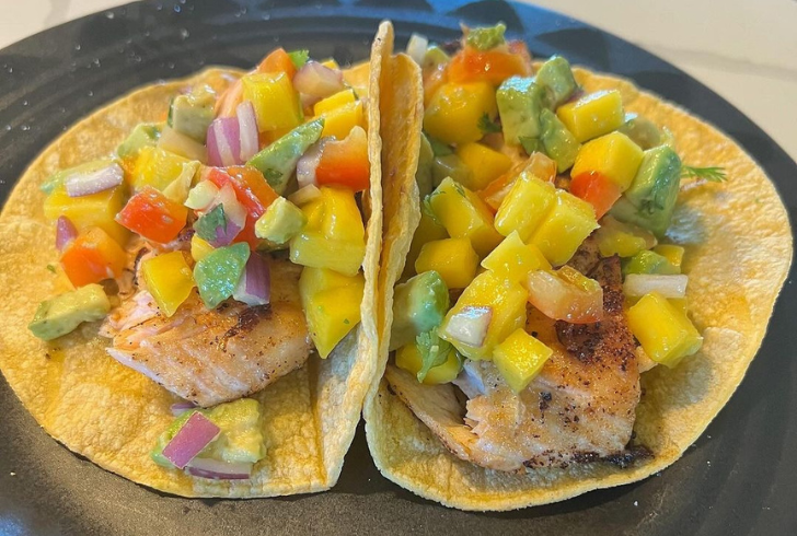 Delicious salmon taco recipe with salsa.