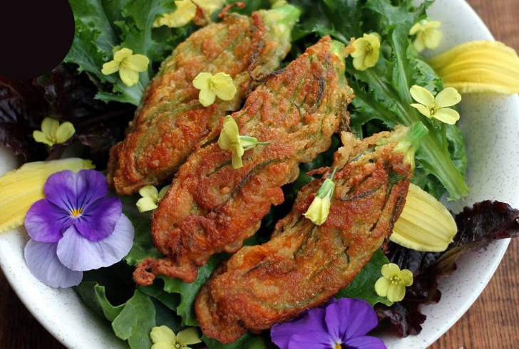 Traditional dishes with edible flower garnish